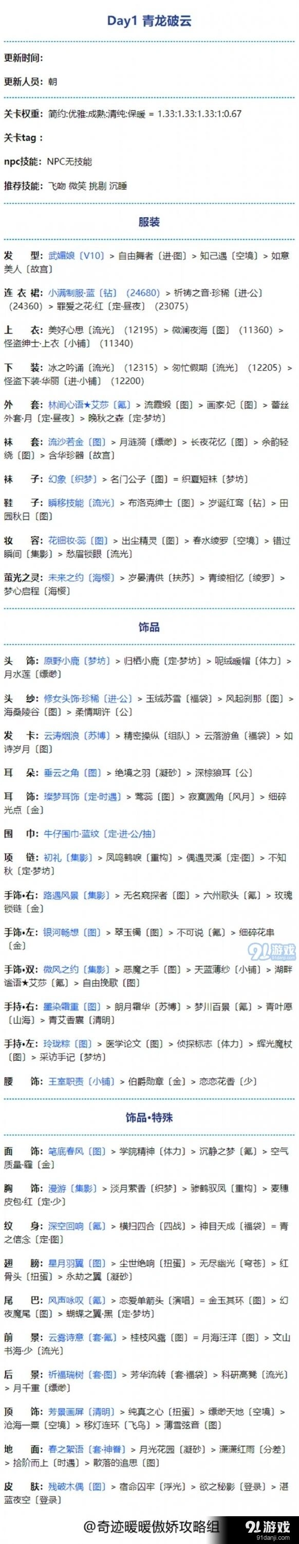 奇迹暖暖青龙破云第一天搭配推荐